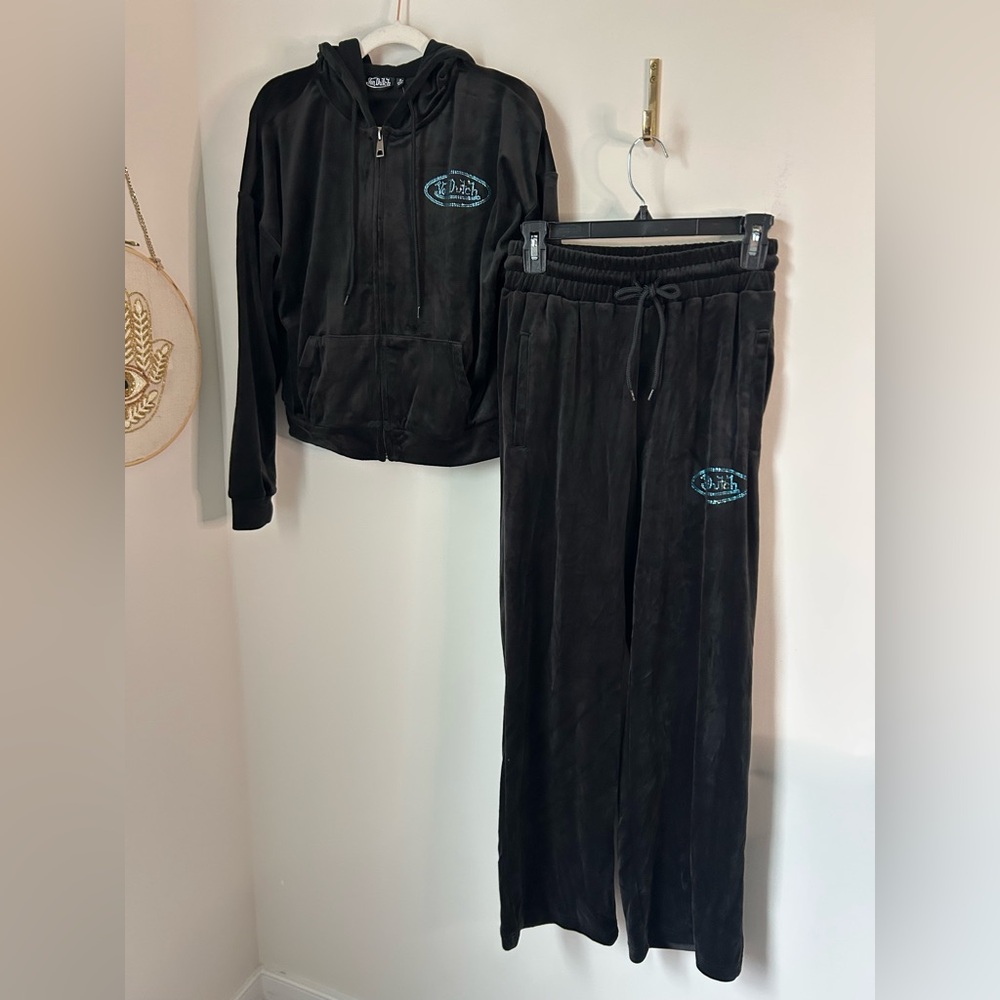 Von Dutch Black Velour rhinestone Tracksuit zip up jacket and pants Set